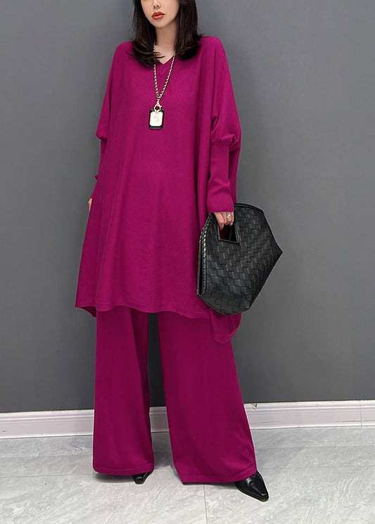 Rose V Neck Knit Top and Wide Leg Pants Two Pieces Set Fall