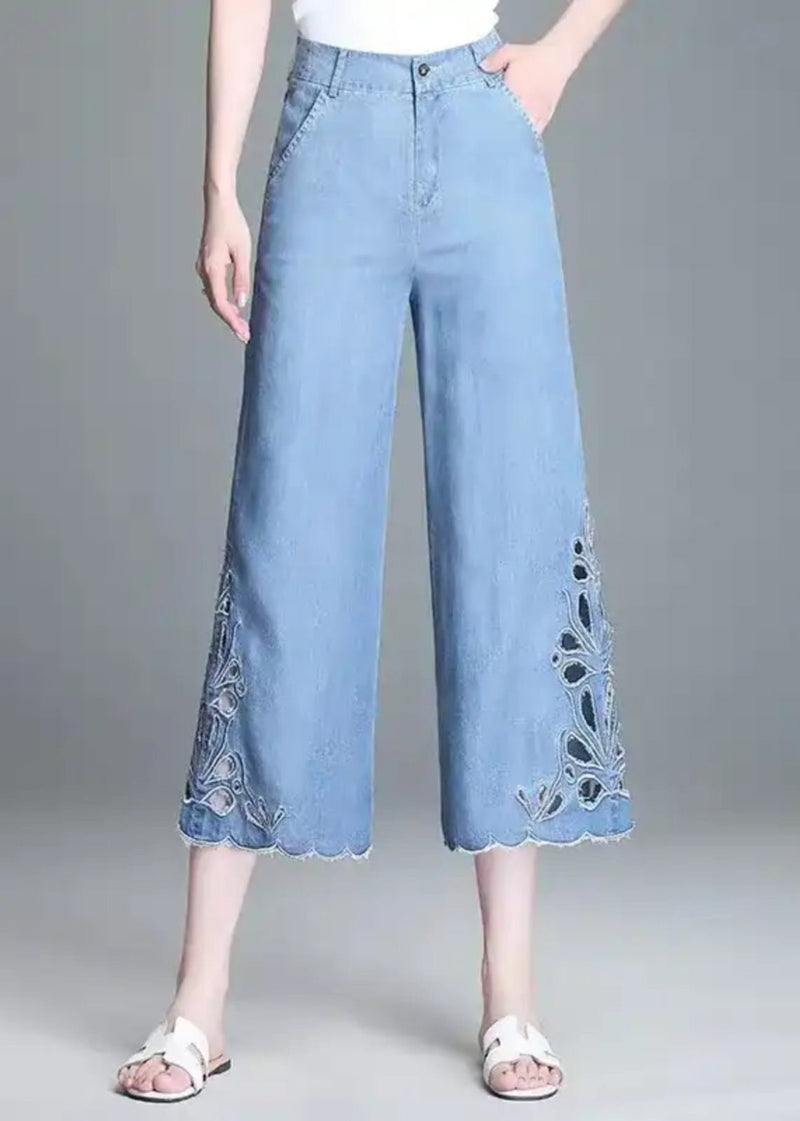 Blue High Waist Hollow Out Crop Jeans Summer