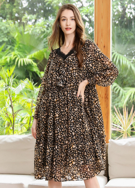 Khaki V Neck Print Chiffon Maxi Dresses Summer