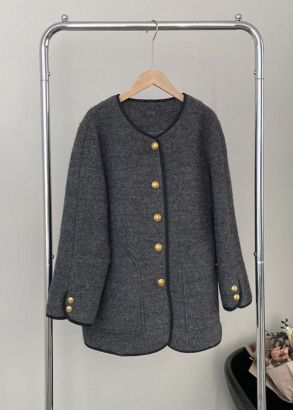 Grey O-neck Button Woolen Jackets Spring