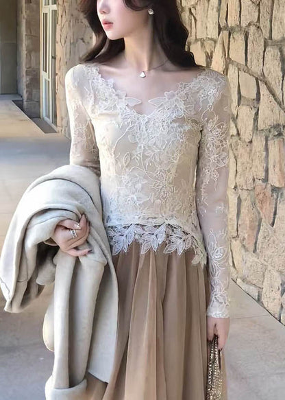 Stylish V Neck Hollow Out Lace T Shirt Top Fall