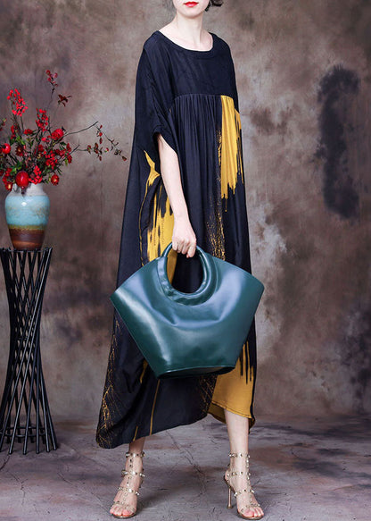 Yellow Print Chiffon Loose Beach Dresses O-neck Wrinkled Batwing Sleeve