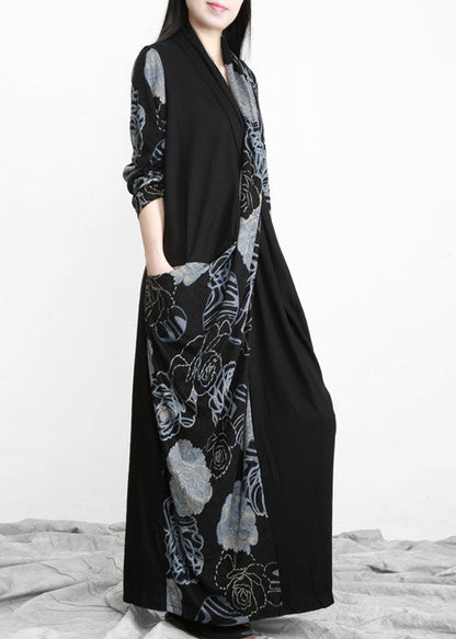 Black Bule Asymmetrical Design Pockets Cotton Dress Long Sleeve