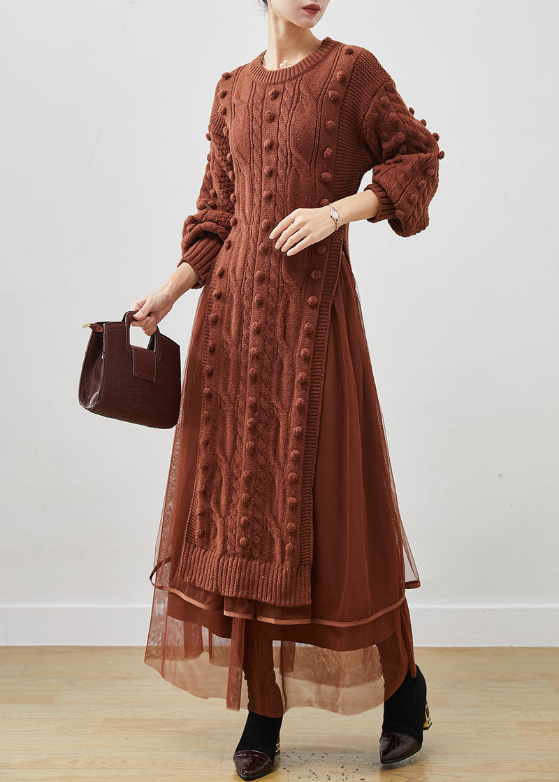 Khaki Silm Knit Sweater Dress and Tulle Skirt Two Pieces Set Side Open Winter