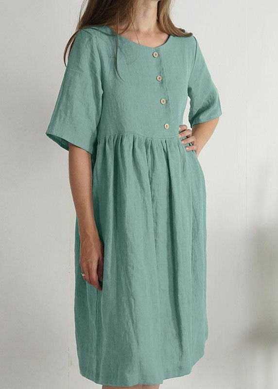 Green O Neck Pockets Wrinkled Patchwork Linen Dress Summer