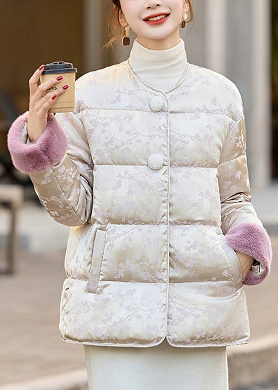 Beige Jacquard Fur Patchwork Duck Down Down Coat Winter