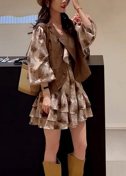 Coffee Button Patchwork Waistcoat and Dress Two Pieces Set Spring