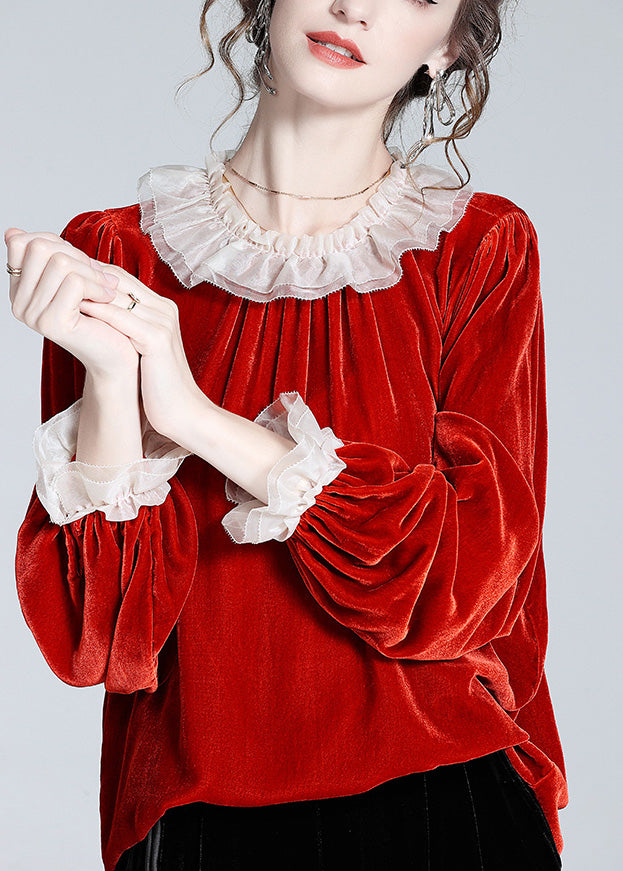 Mulberry O-neck Velour Tops Long Sleeve