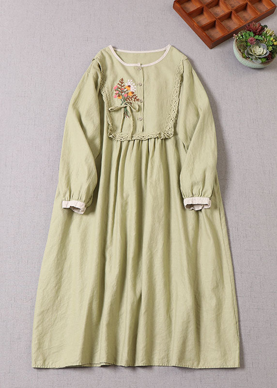 Light Green O-neck Embroideried Patchwork Dress Spring