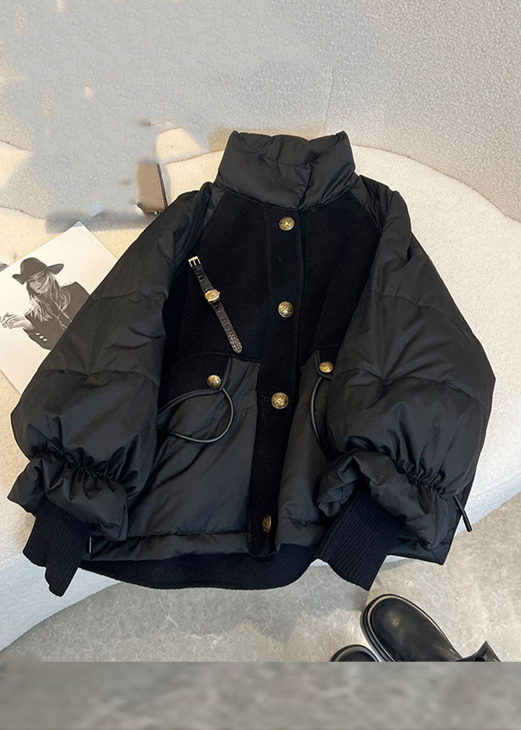 Black Stand Collar Drawstring Zippered Fine Cotton Filled Puffer Jacket Winter
