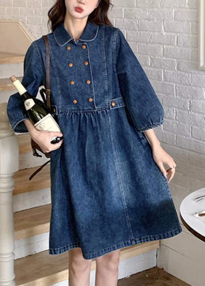 Navy Peter Pan Collar Wrinkled Patchwork Denim Long a Line Dress Spring