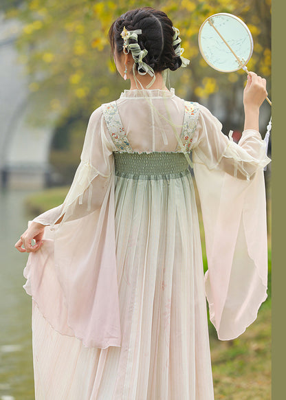 Gradient Color Ruffled Embroideried Lace Up Chiffon Two Pieces Set Fall