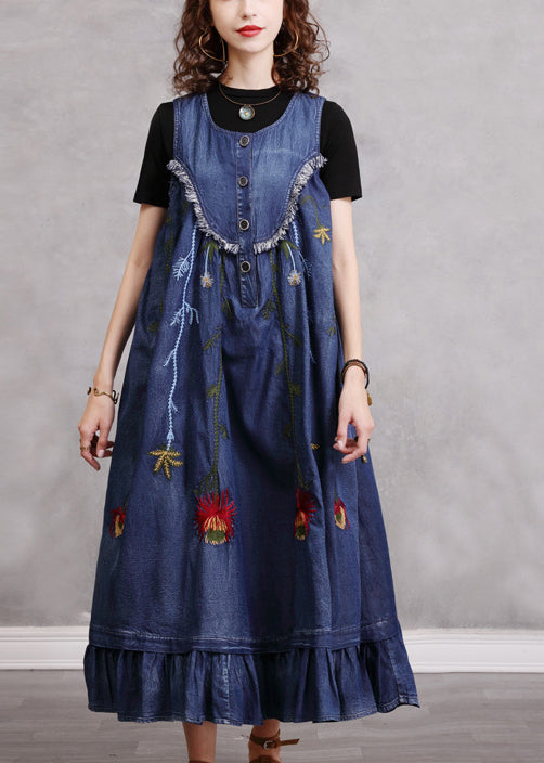 Blue O-neck Ruffled Embroideried Patchwork Cotton Denim Dress Sleeveless