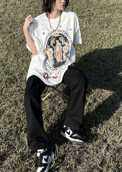 White O Neck Print Cotton T Shirt Top Summer