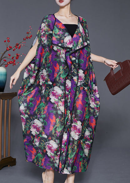 Purple Oversized Print Chiffon Long Dresses Batwing Sleeve