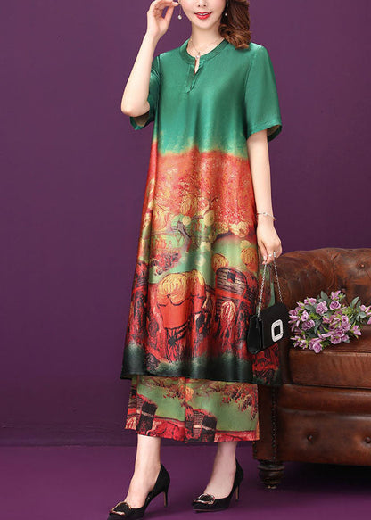 Green Print Silk Long Dress and Wide Leg Pants Two Piece Suit Set V Neck Summer