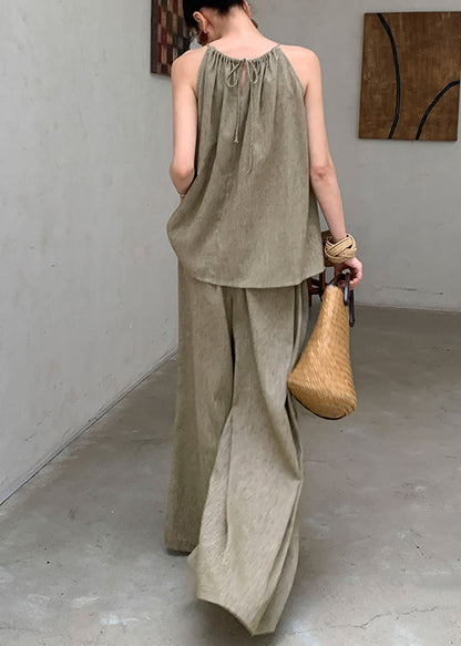 French Green Tops and Pants Linen Two Pieces Set Sleeveless