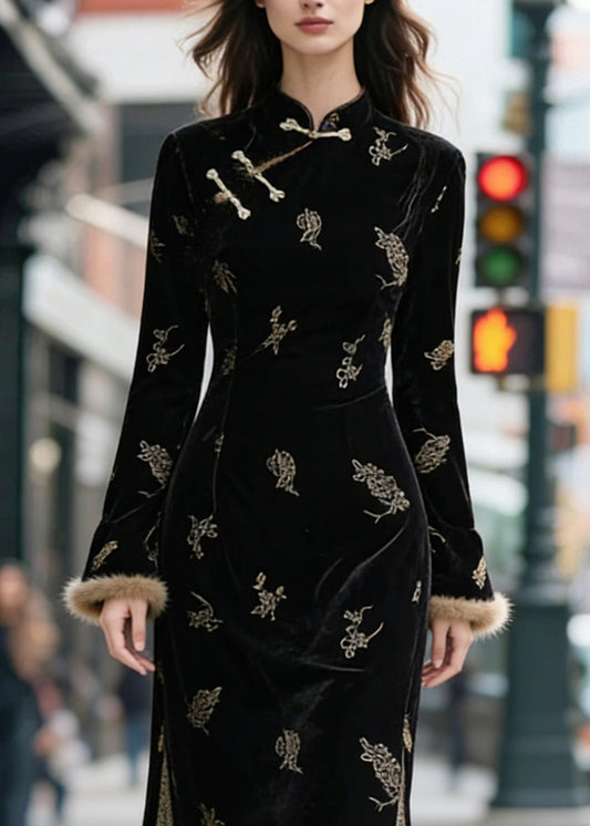 Black Chinese Button Side Open Patchwork Silk Velvet Long Dresses Stand Collar