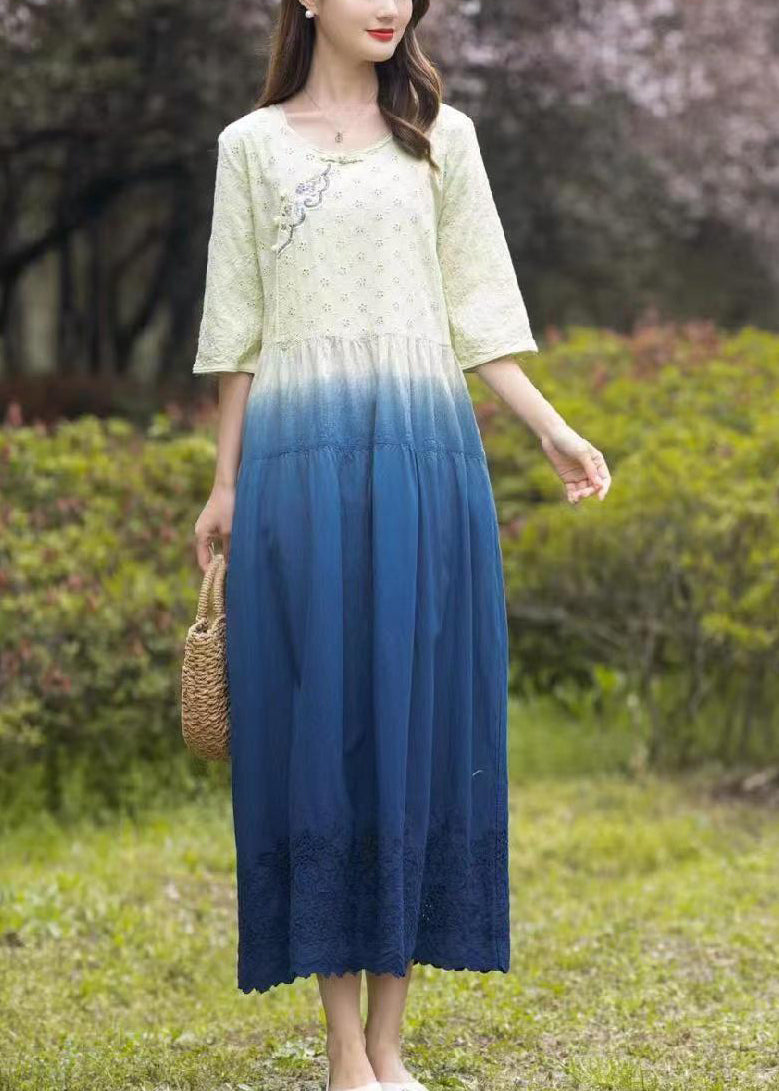 Gradient Color Blue O-neck Patchwork Tie Dye Long Dress Summer
