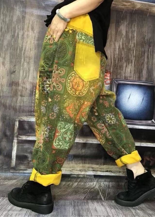 Autumn New Green Print Denim Harlan Pants