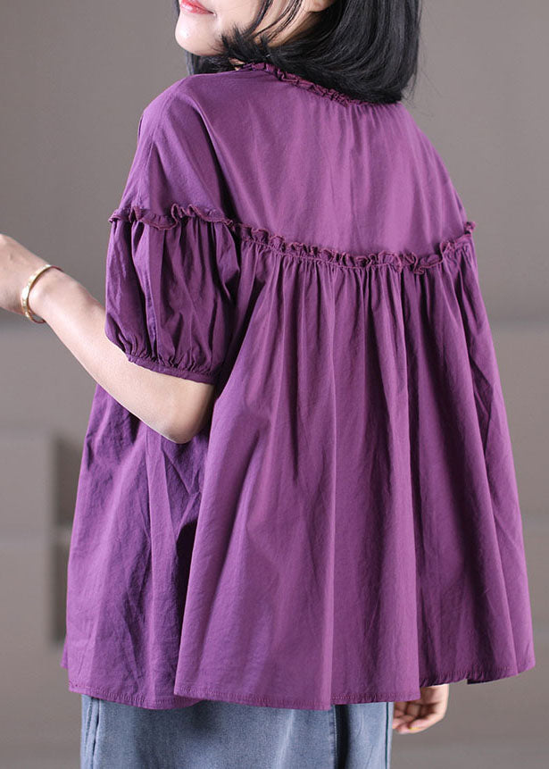 Classy Purple Ruffled Wrinkled Patchwork Button Cotton Shirt Top Short Sleeve