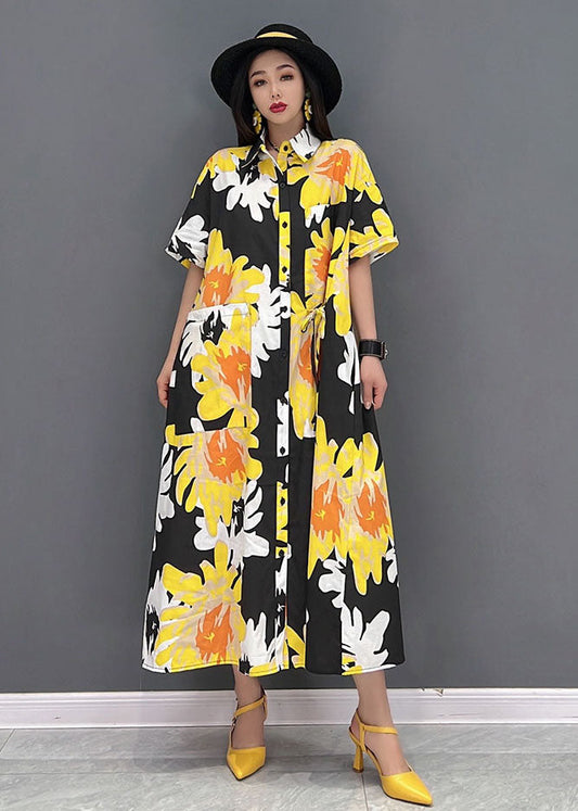 Yellow Peter Pan Collar Daisy Print Chiffon Holiday Dress Short Sleeve