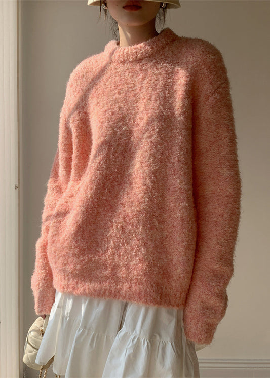 Loose Pink O-neck Fluffy Sweaters Winter
