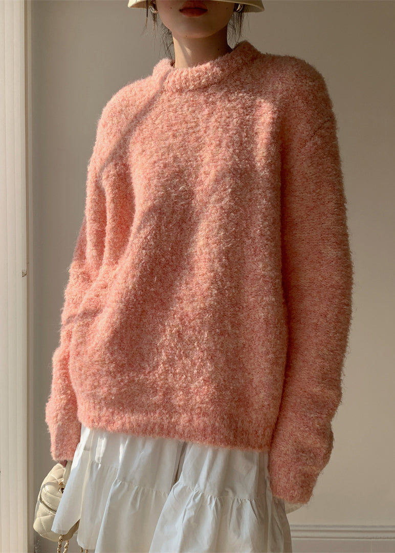Loose Pink O-neck Fluffy Sweaters Winter