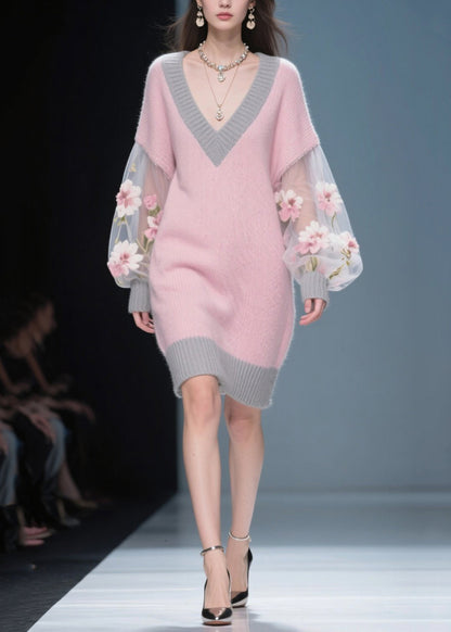 Pink Flower Patchwork Tulle Knit Sweater Dress Fall