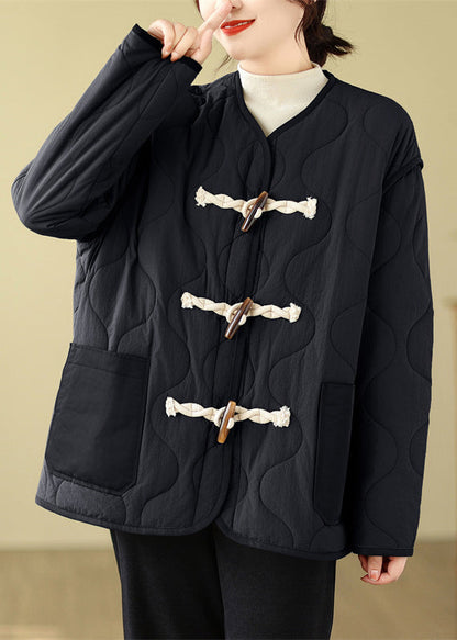 Black Pockets Loose Fine Cotton Filled Coats Horn Button Winter