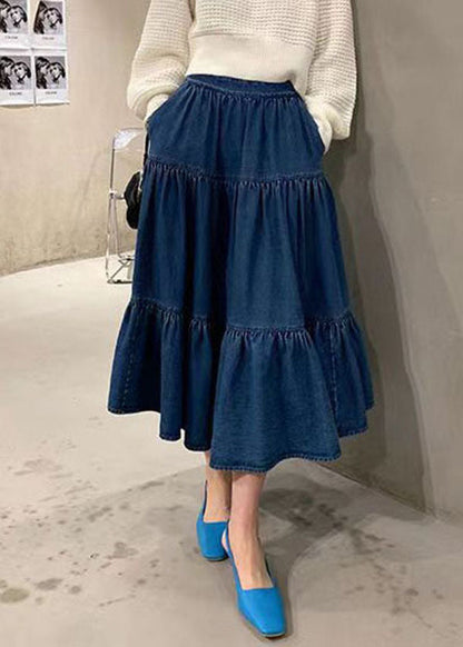 Blue Elastic Waist Patchwork Wrinkled Exra Large Hem Cotton a Line Skirt Summer