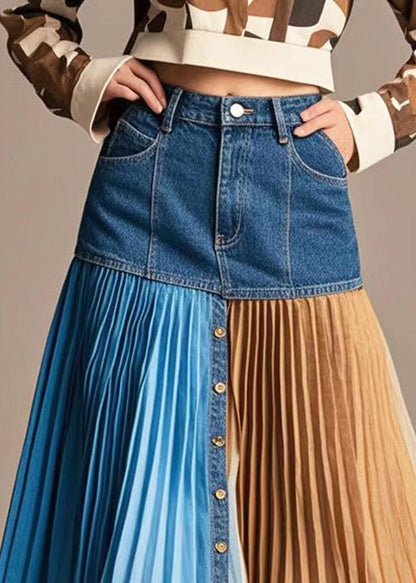 French Navy Asymmetrical Patchwork Denim Pleated Skirt Spring