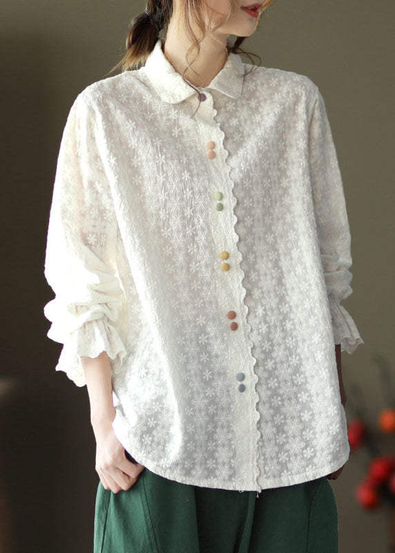 Classy White Peter Pan Collar Embroideried Cotton Shirts Top Long Sleeve