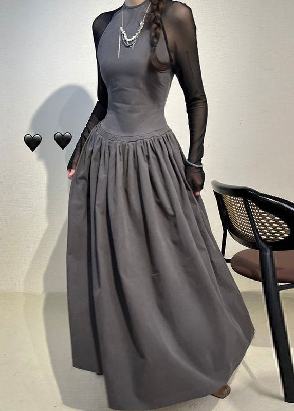 Grey O-neck Wrinkled Tulle Patchwork Long Dress Long Sleeve