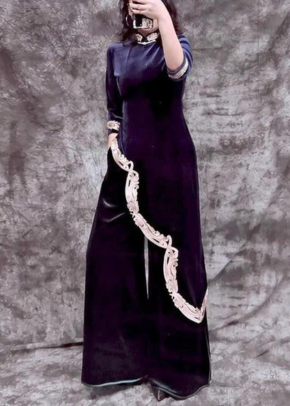 Blue Stand Collar Embroideried Asymmetrical Top and Wide Leg Pants Silk Velour Two Piece Set Spring