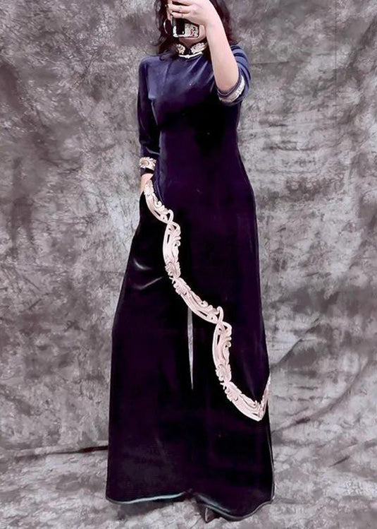Blue Stand Collar Embroideried Asymmetrical Top and Wide Leg Pants Silk Velour Two Piece Set Spring
