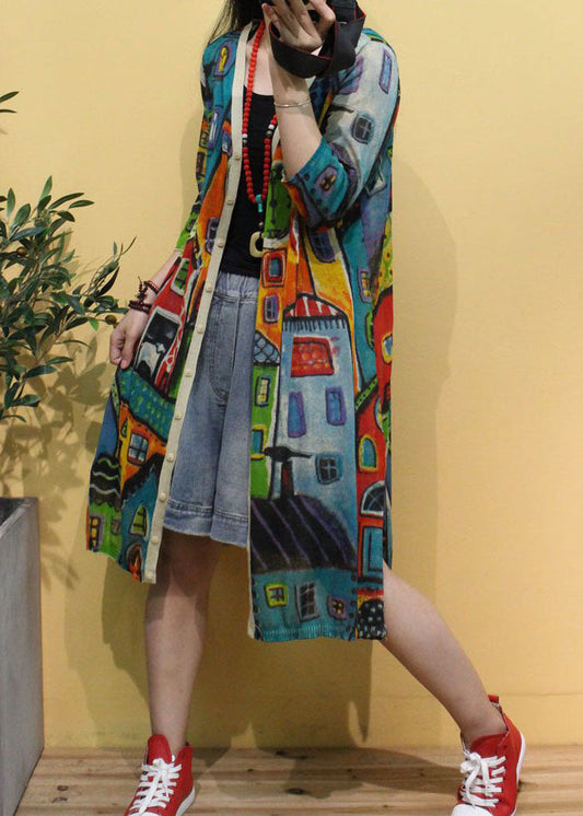 Beige V Neck Print Side Open Fall Knit Long Sleeve Cardigans