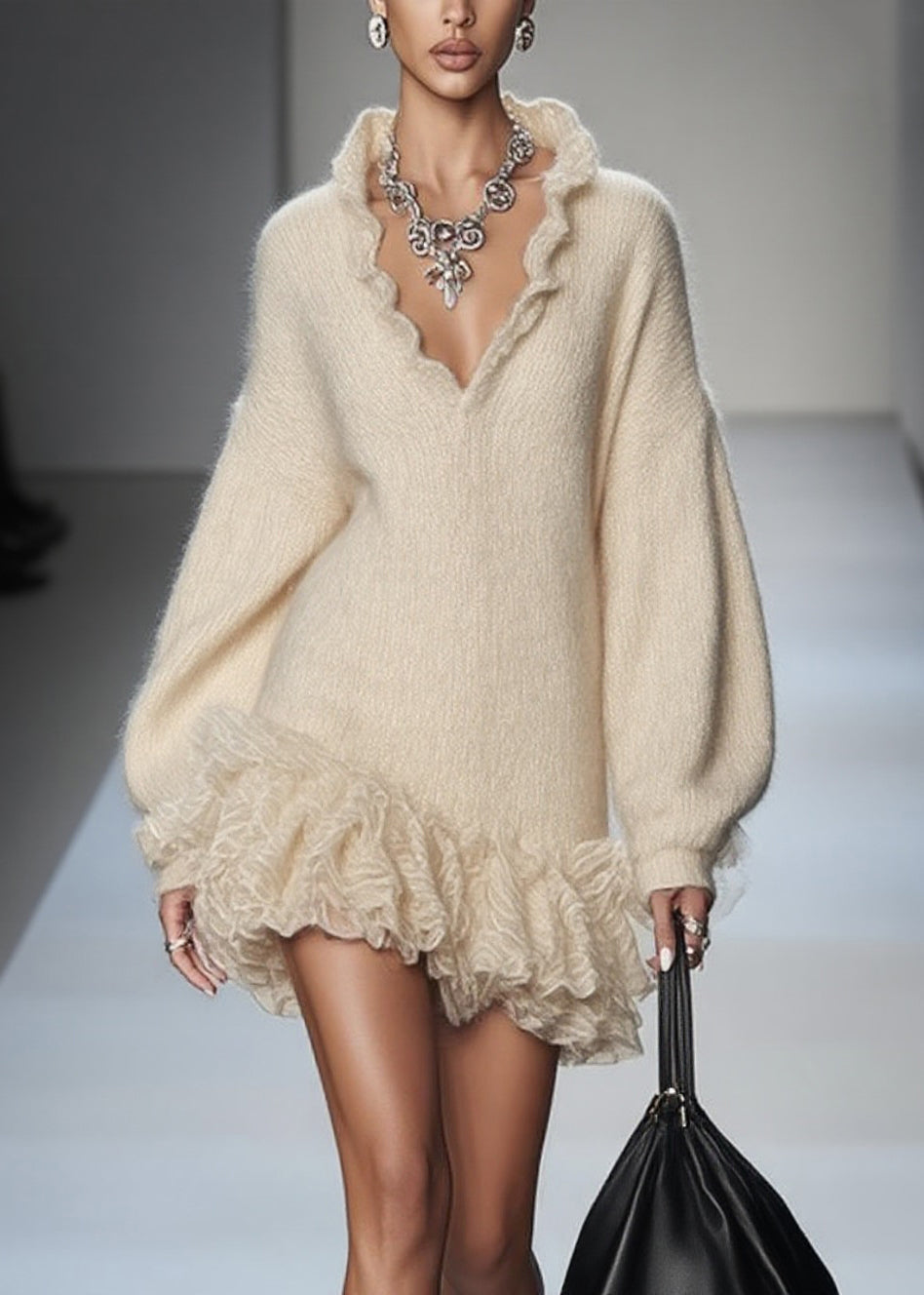 Art Beige V Neck Lace Patchwork Knit Mini Dresses Spring