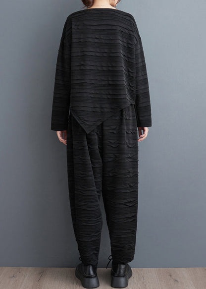 Loose Black Wrinkled Patchwork Tops and Harem Pants Cotton Two Pieces Set Fall