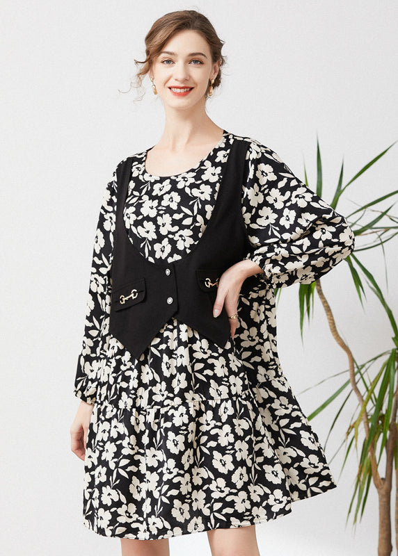 Black Oversized Patchwork Fake Two Piece Dress Spring