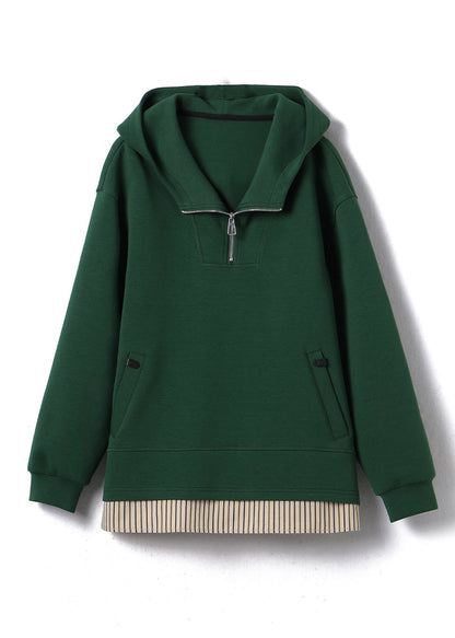 Green Zip Up Patchwork Hooded Cotton Pullover Fall