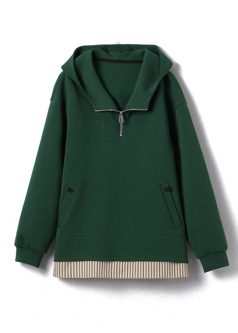 Green Zip Up Patchwork Hooded Cotton Pullover Fall