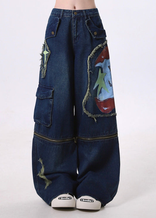 Fitted Navy Patchwork Wear on Both Sides Denim Ripped Pants Spring