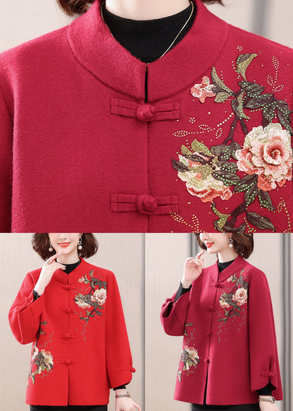 New Red Stand Collar Print Woolen Coats Spring