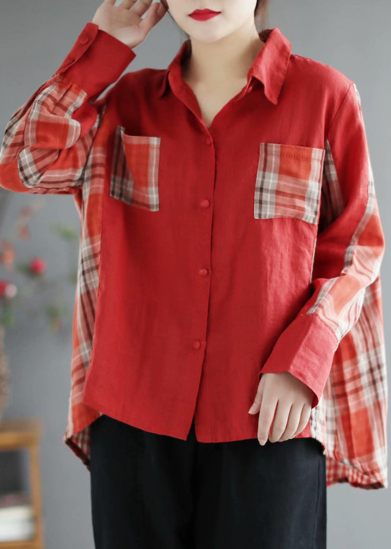 Red Plaid Patchwork Peterpan Collar Button Fall Shirt Long Sleeve