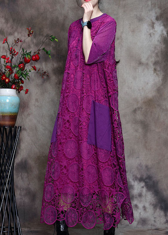 Purple Lace Pockets Side Open Fall Long Sleeve Dresses