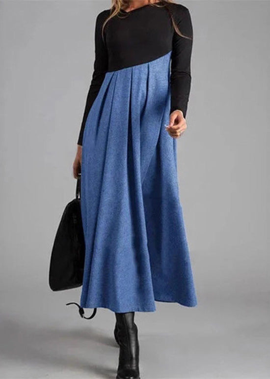 Grey Wrinkled Patchwork Woolen Long Dress Spring