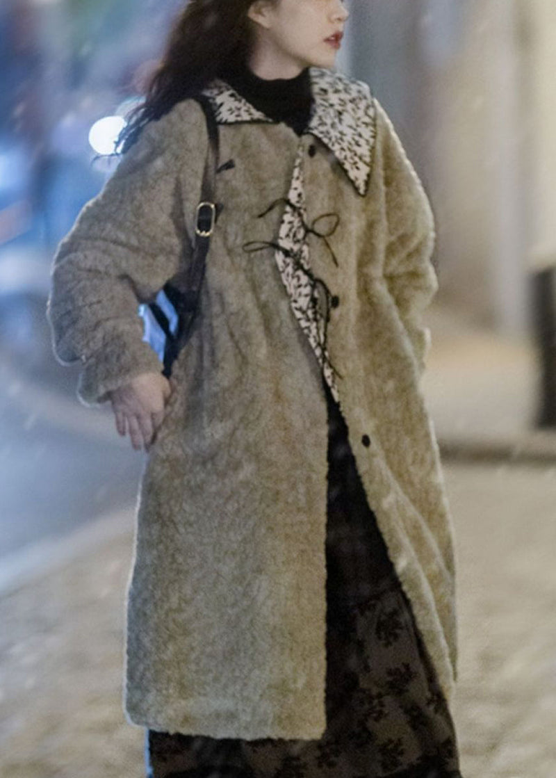 Moss Green Peter Pan Collar Pockets Patchwork Faux Fur Long Coats Winter