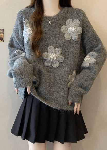 Simple Grey Oversized Knit Sweaters Winter