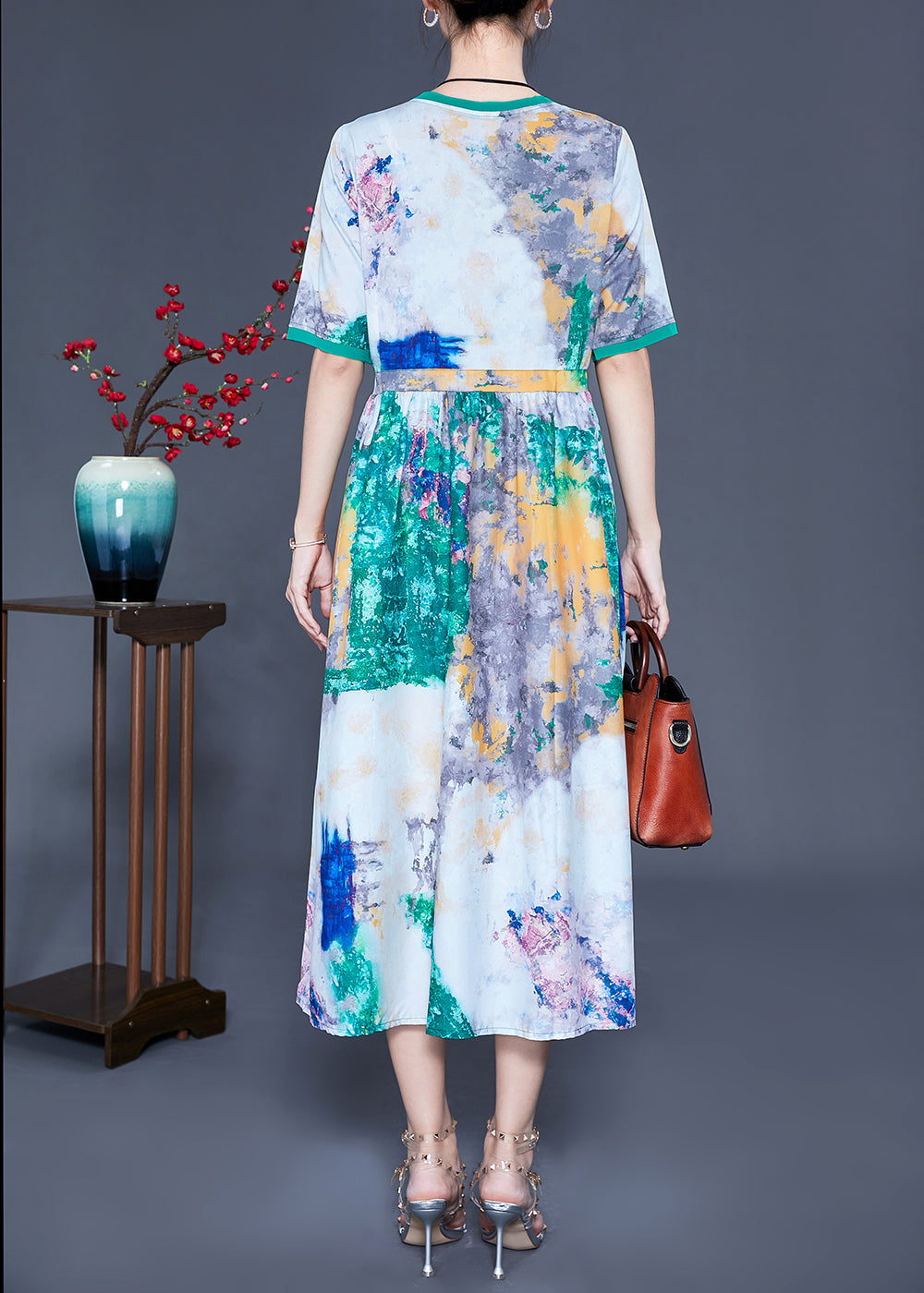 Green Cinched Tie Dye Silk Dress Summer